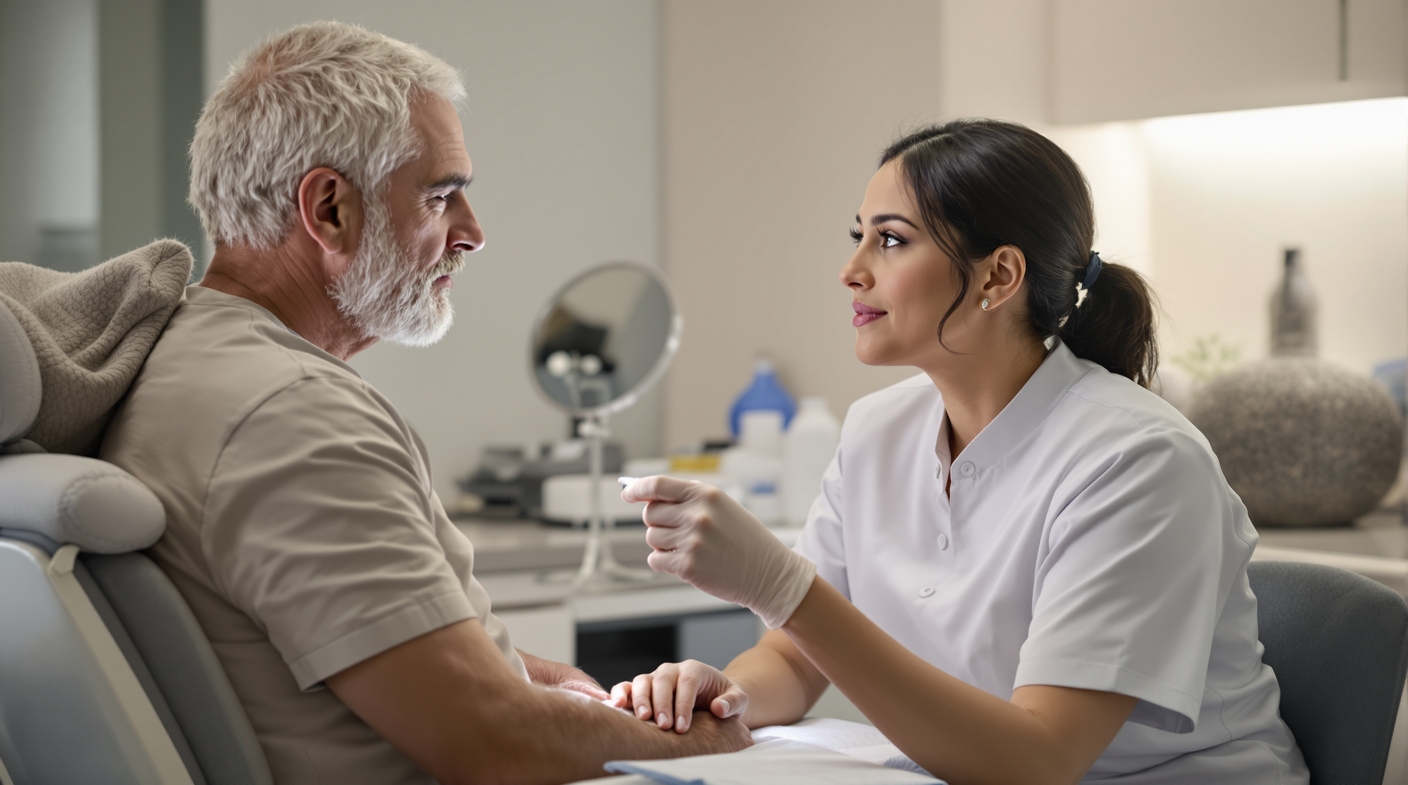 A clinician in gloves holding a fine syringe near a patient's lower face in a bright treatment room, the patient reclined and relaxed.