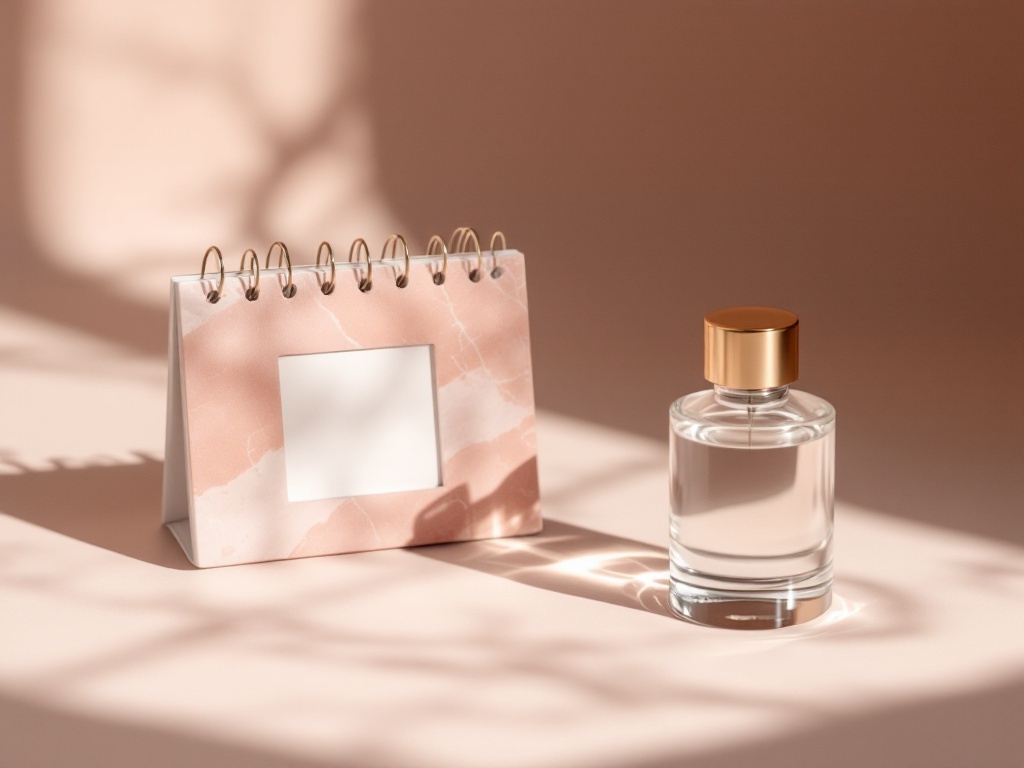 A small marble calendar and a glass filler vial arranged on a dusty-rose surface