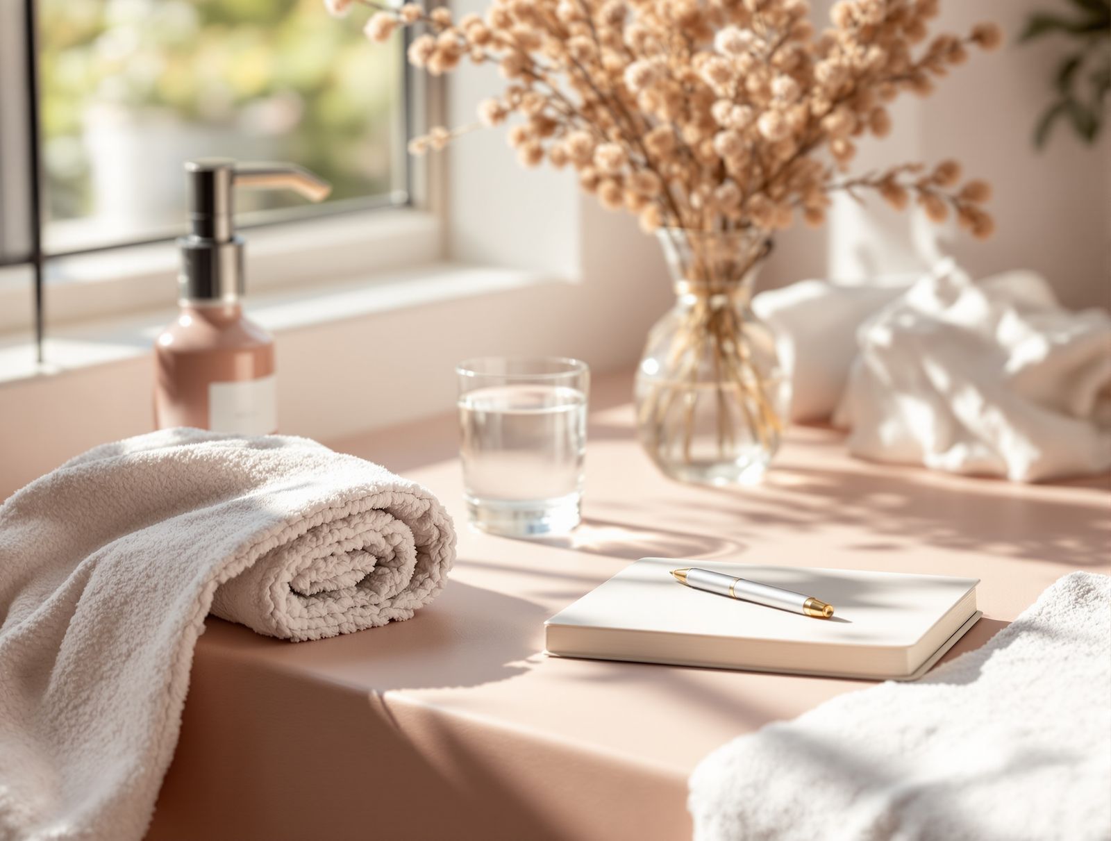 A glass of water, a small notebook, and folded soft towel on a calm dusty-rose surface in soft daylight