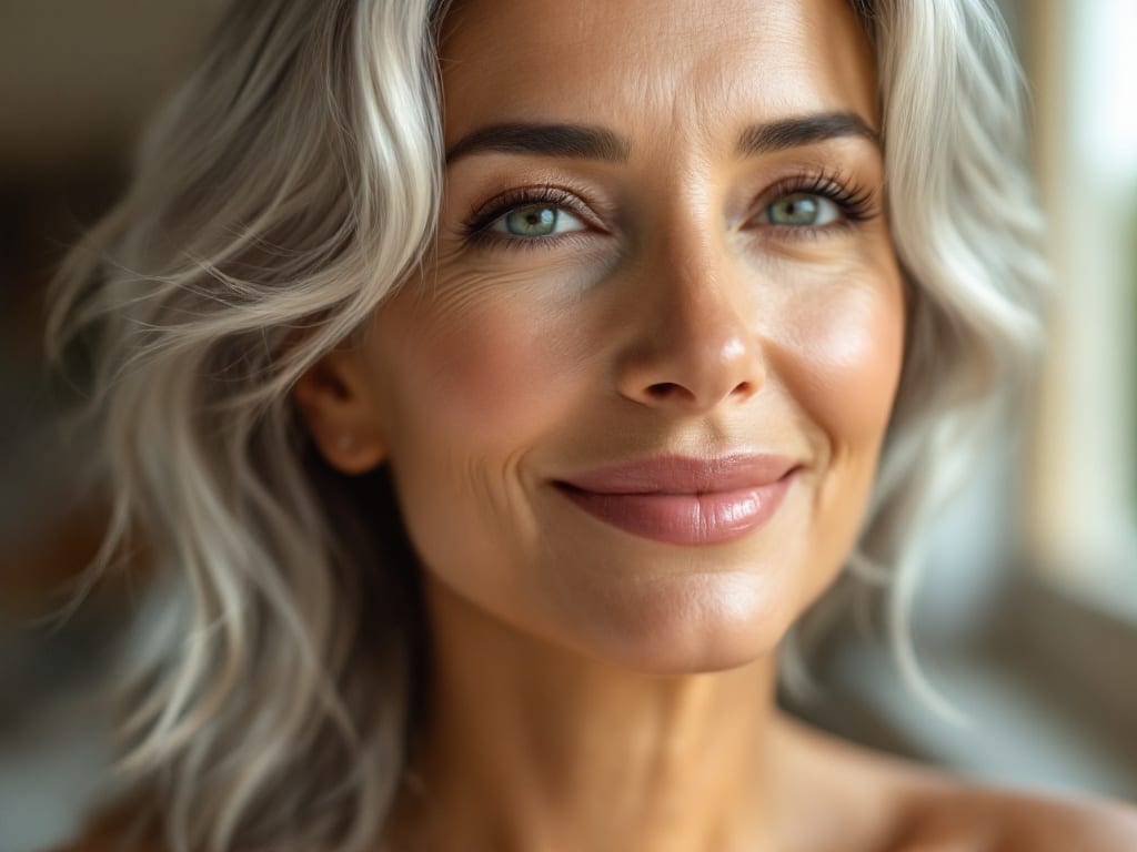 Elegant woman in her fifties with softly smiling natural lips in warm window light