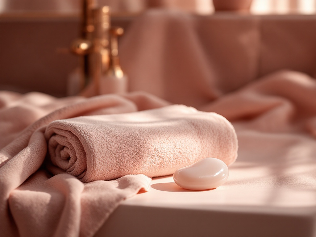 A folded soft towel and a cold gel compress on a calm dusty-mauve vanity