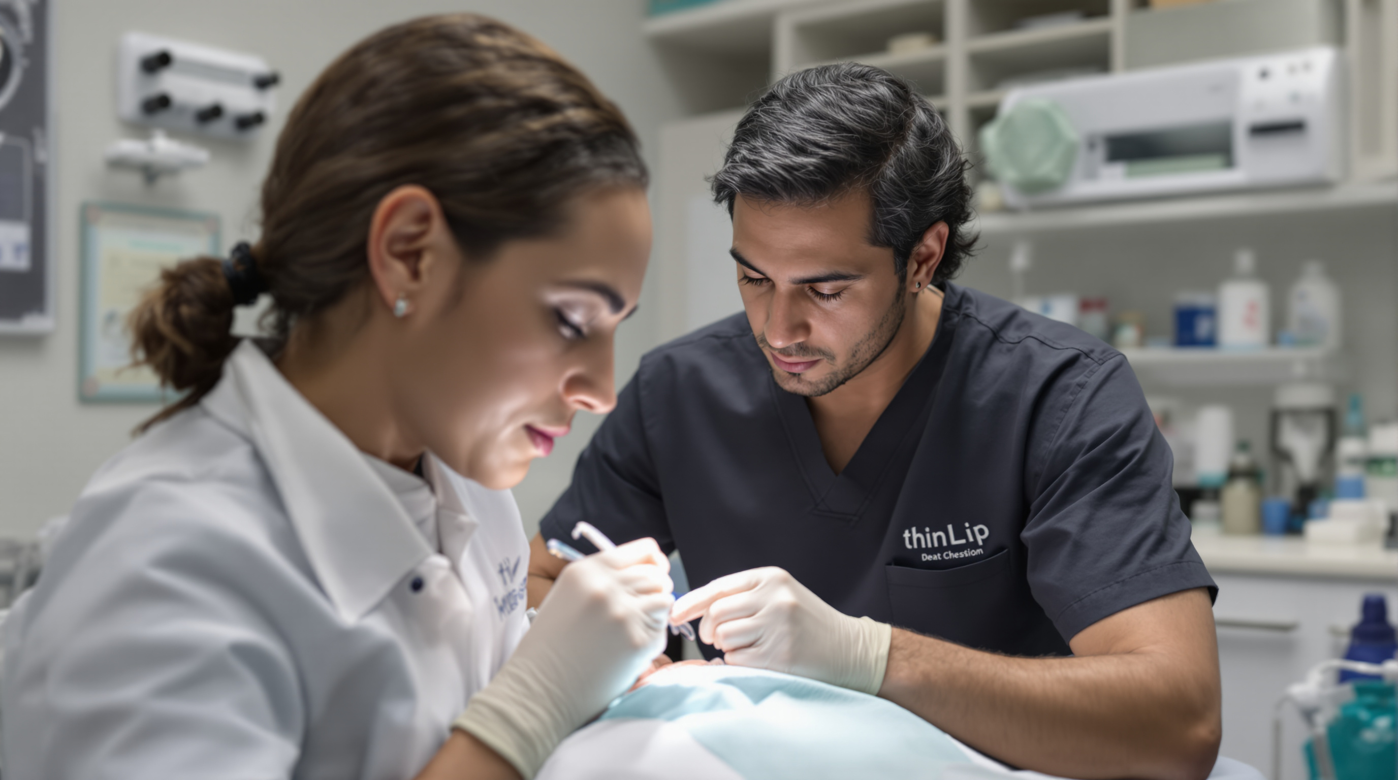 A dental hygienist's gloved hands and instruments beside a patient chair in a bright modern dental office