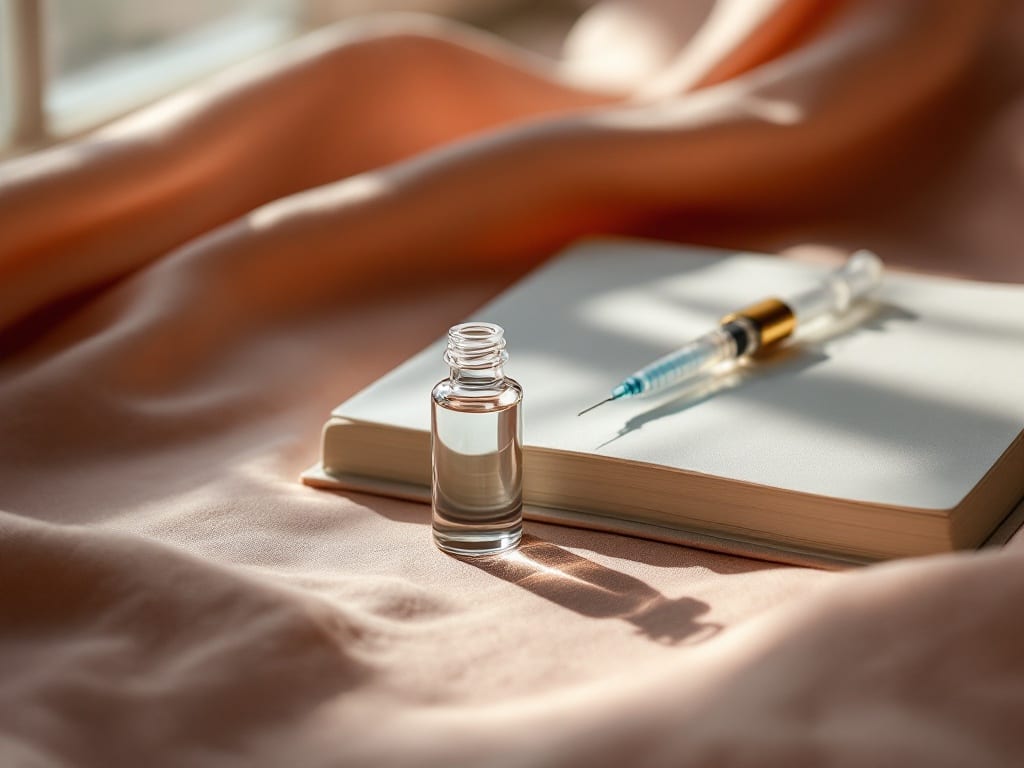 A glass dermal-filler vial and fine syringe resting beside an open book on dusty-rose linen
