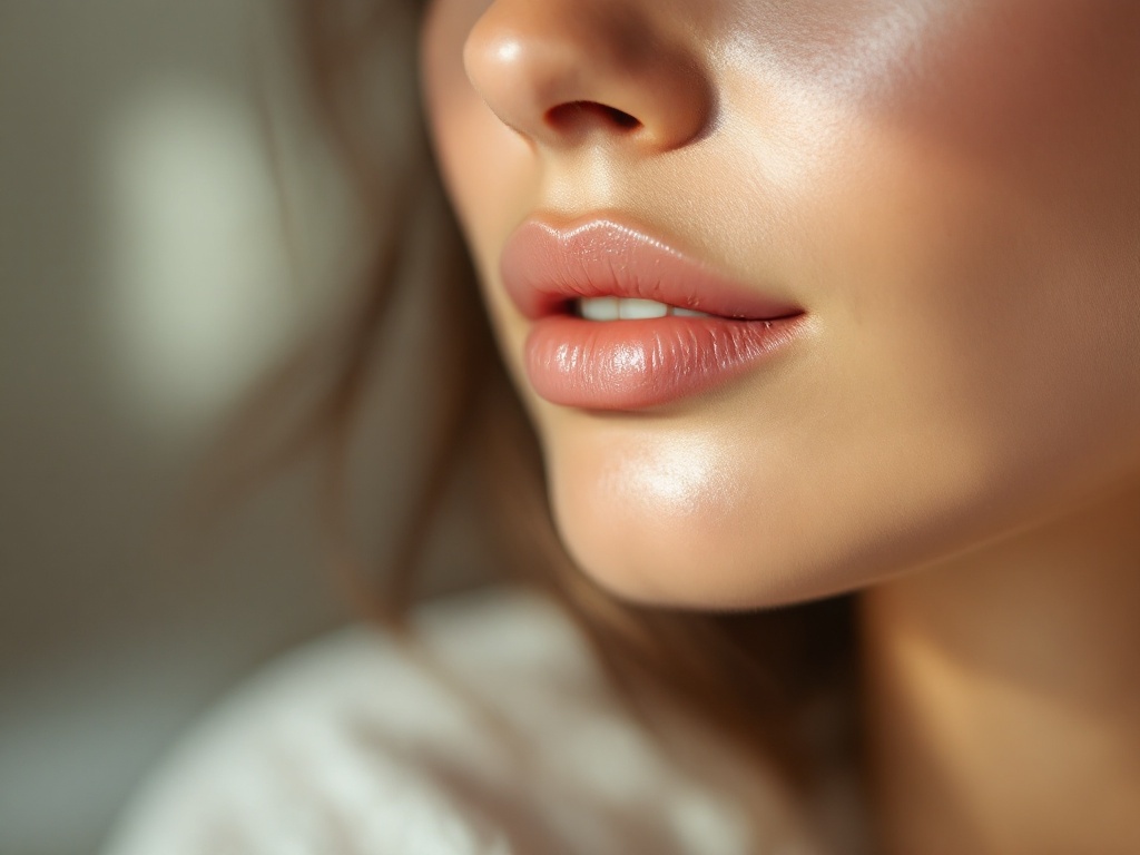 Soft natural close-up of a woman's relaxed lower face and gently full lips in daylight