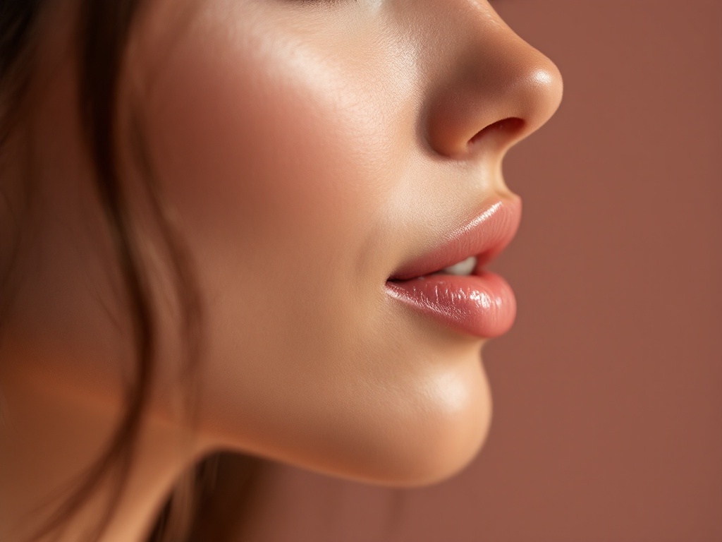 Close profile of a woman's softly upturned upper lip as she begins to smile