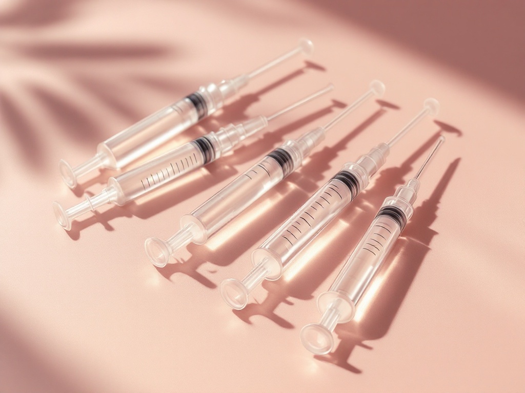 Several clear glass dermal-filler syringes arranged in a neat row on a soft dusty-rose surface